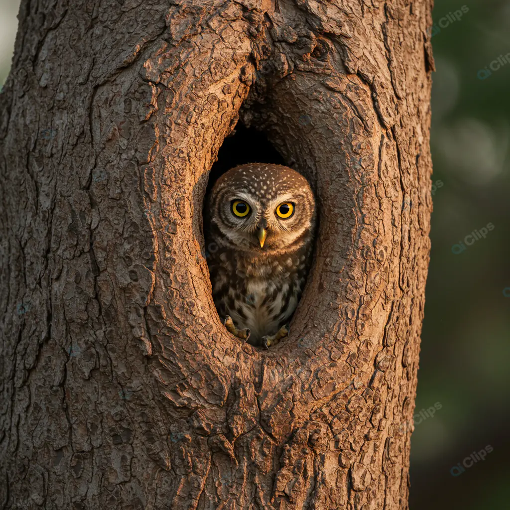Owl Peeking from Tree Hollow