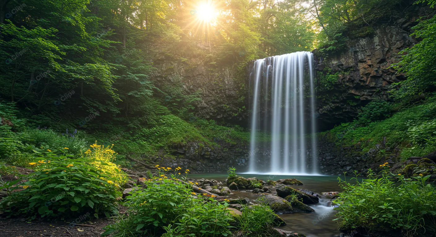 Sunlit Forest Waterfall Serenity