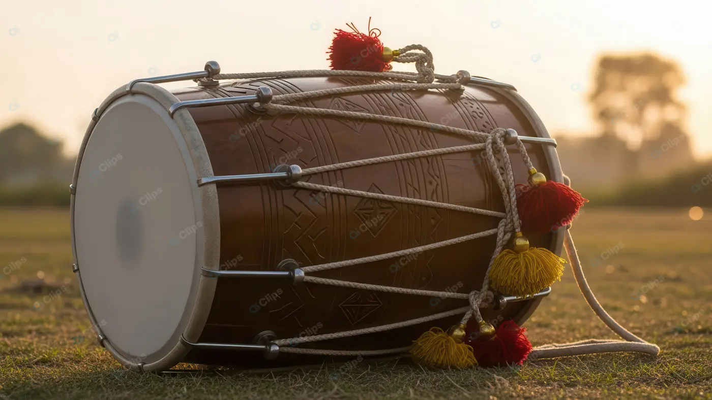 Traditional Dhol Drum Resting at Sunrise