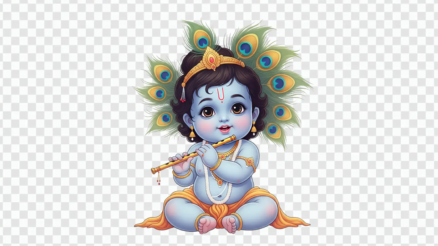 Baby Krishna Playing Flute with Peacock Feathers PNG