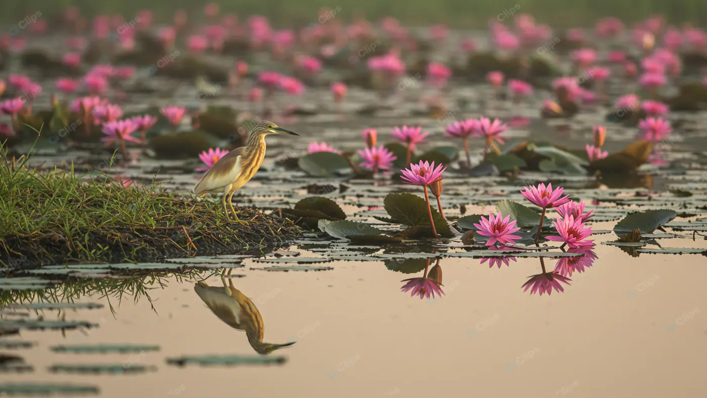 Heron Among Lotus Blossoms