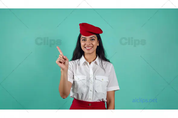 Smiling Female Airline Attendant Pointing Upwards