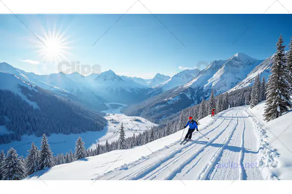 Skiers Descending Snowy Mountain Trails