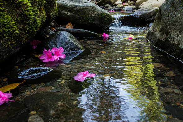 Tranquil Stream with Pink Blossoms