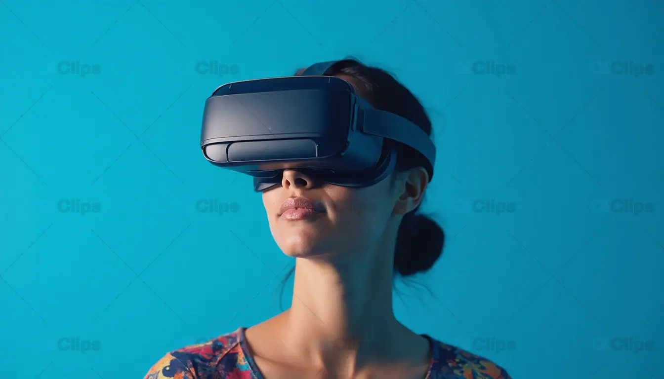 Woman in VR Headset with Blue Background