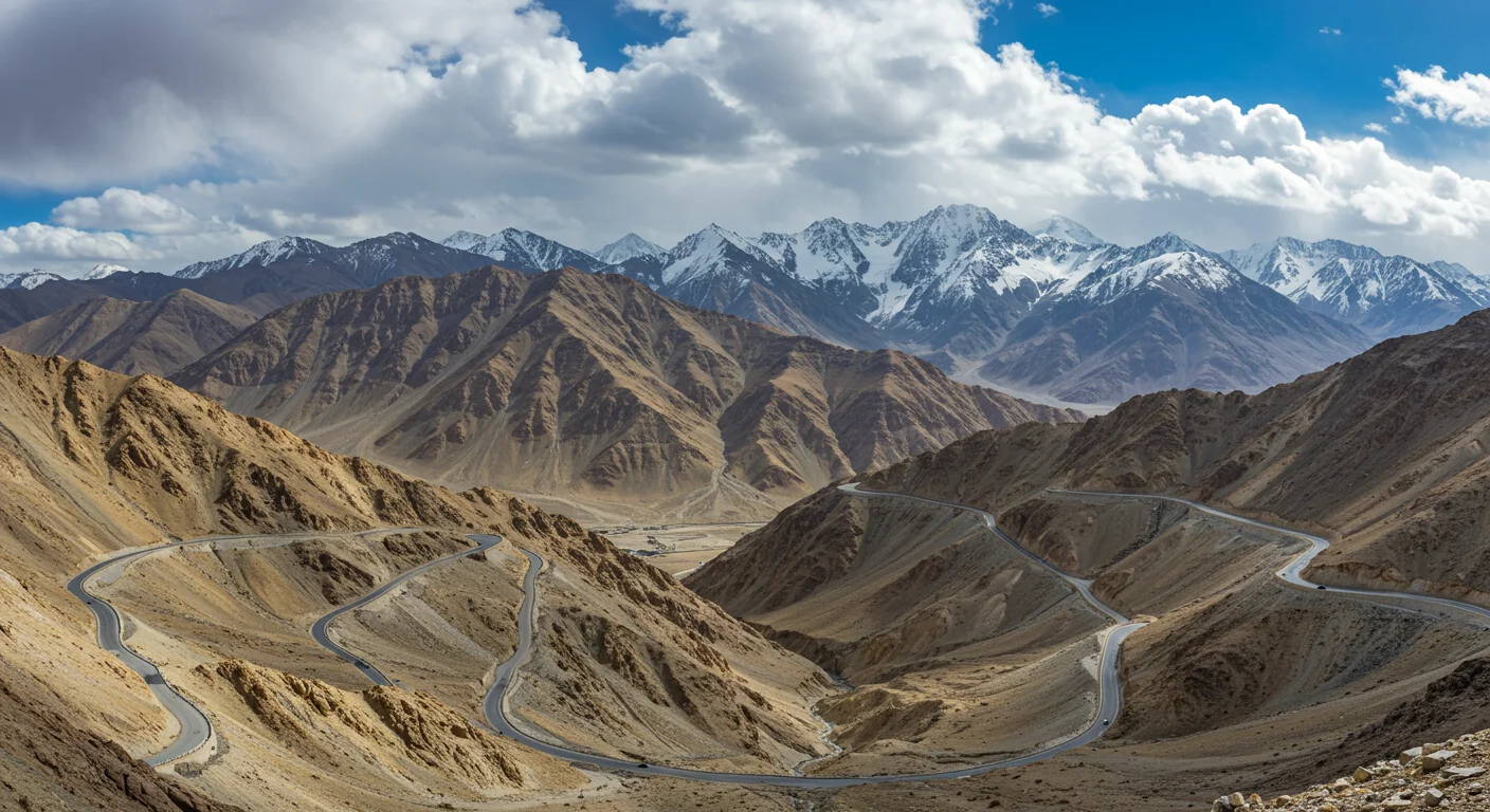 Winding Mountain Roads Amid Rugged Himalayan Terrain and Snow Peaks