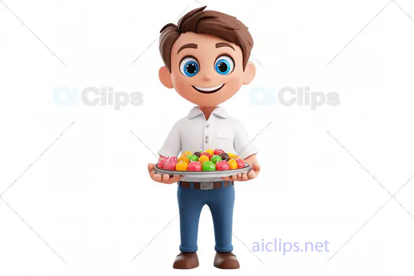 3D Boy Avatar Holding a Dessert Platter