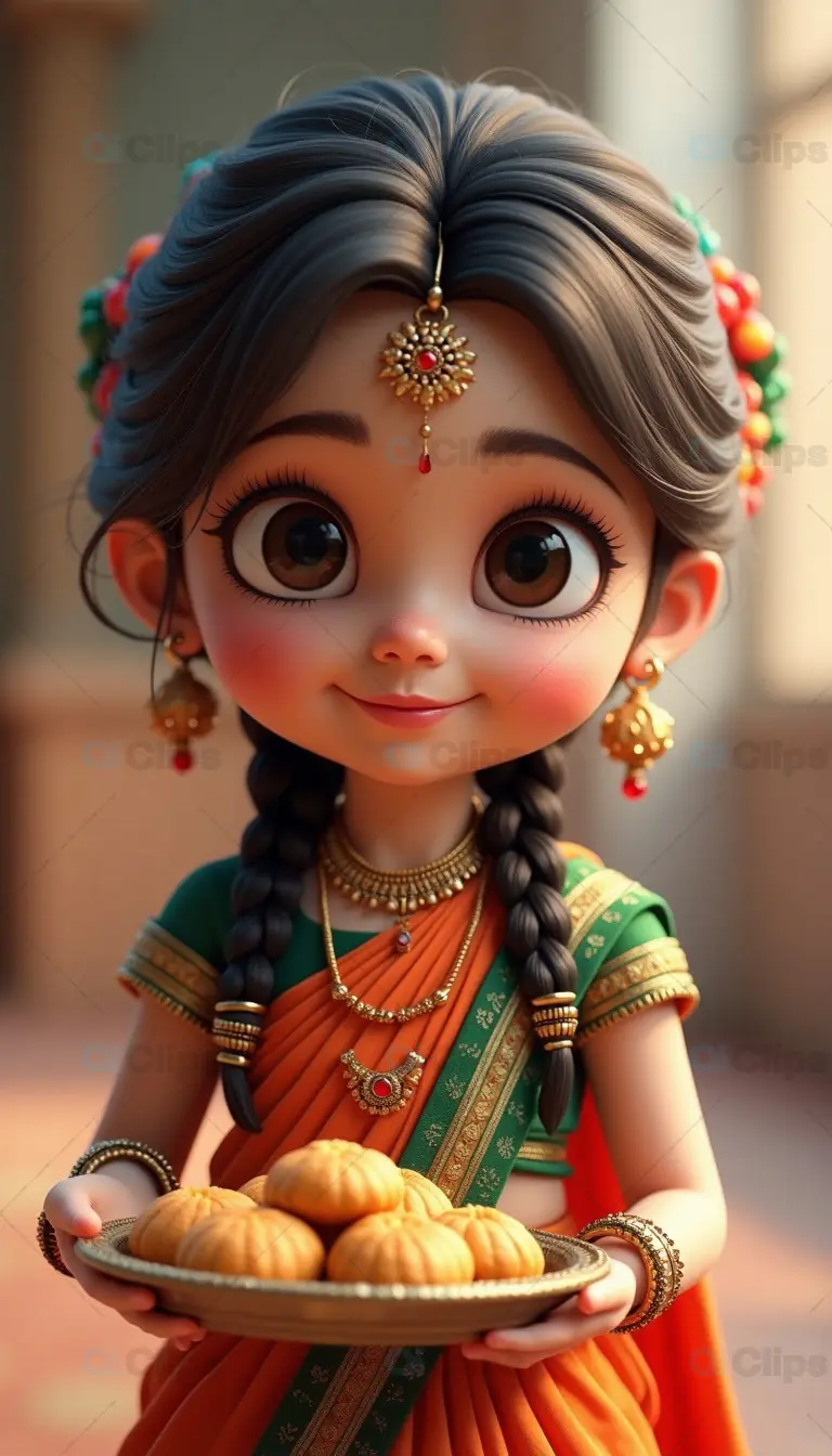 3D Cartoon Girl in Traditional Saree Holding a Plate of Modaks