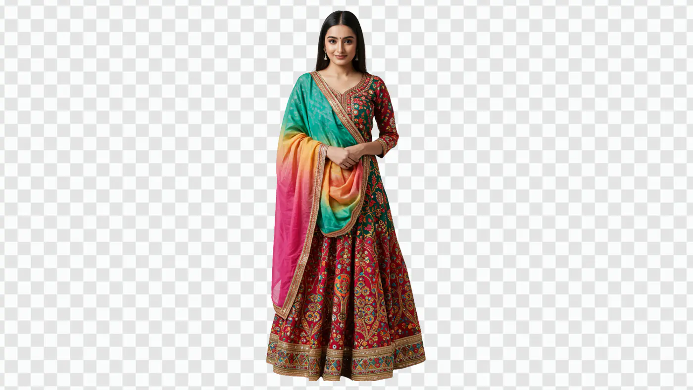 Colorful Embroidered Lehenga with Rainbow Dupatta PNG