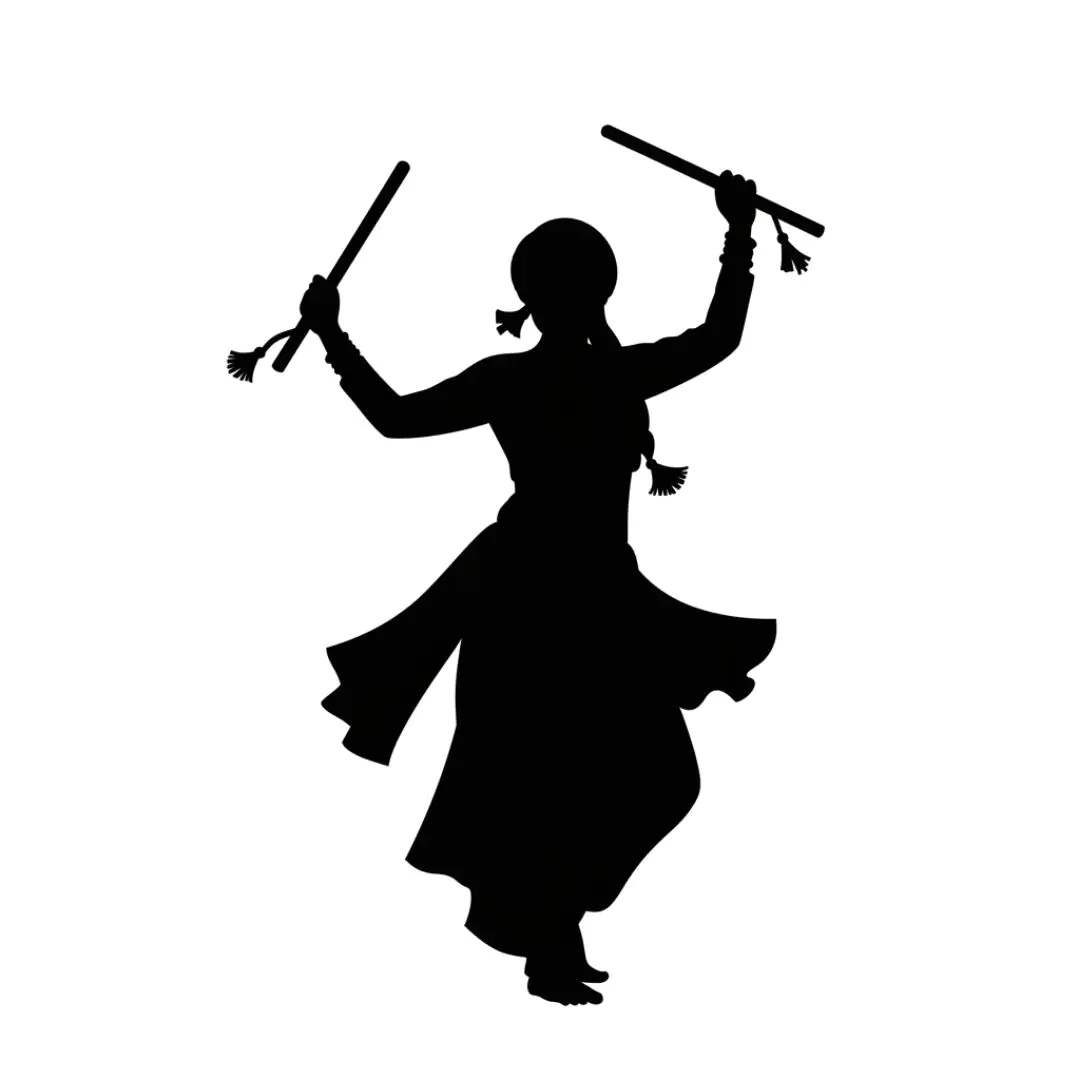Silhouette of Woman Dancing with Dandiya Sticks PNG