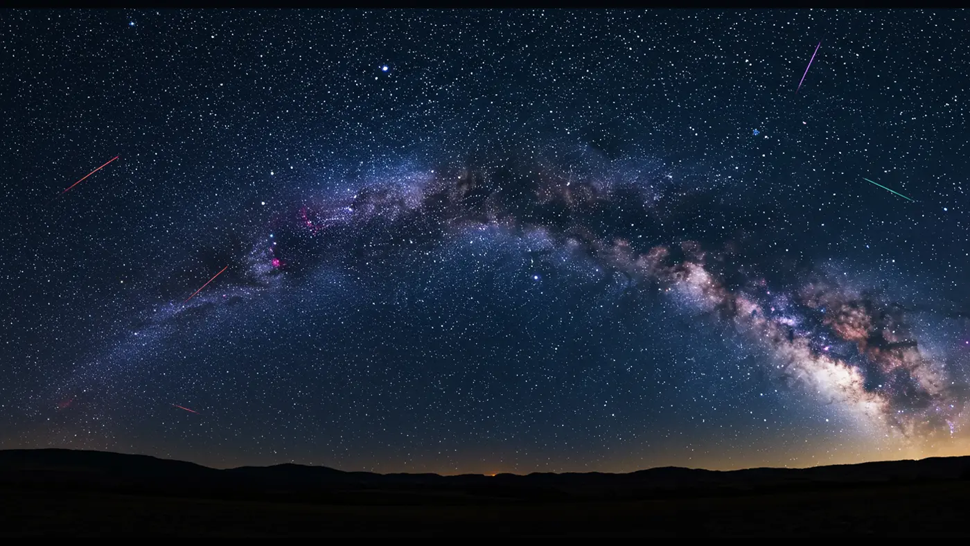 Milky Way Galaxy Arch with Meteor Showers – Night Sky Panorama