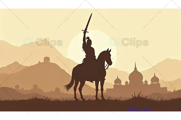 Warrior on Horseback Silhouette with Sword in Indian Landscape