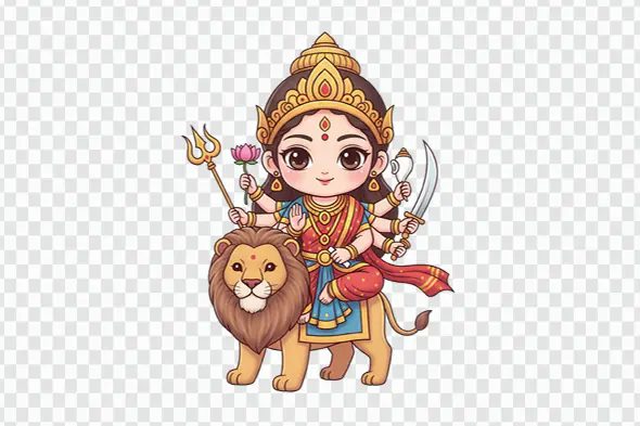 Adorable Cartoon Durga Riding Lion Hindu Deity