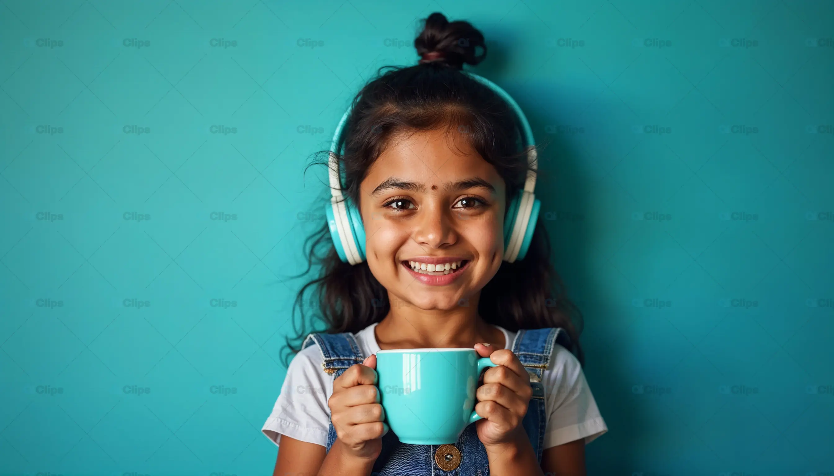 Smiling Girl with Headphones and Mug