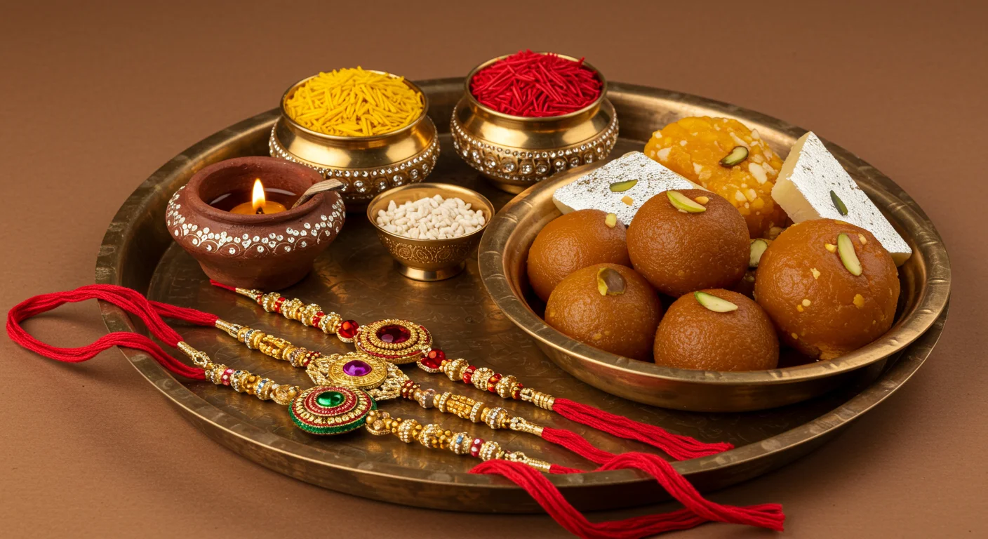 Elegant Raksha Bandhan Thali with Sweets, Diya & Rakhis | AIClips Traditional Festival Scene
