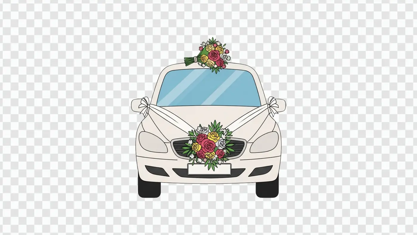 Illustrated Wedding Car with Floral Decoration Clipart PNG