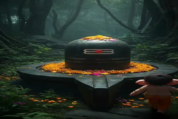 Mystical Shiva Lingam in Enchanted Forest Shrine Setting