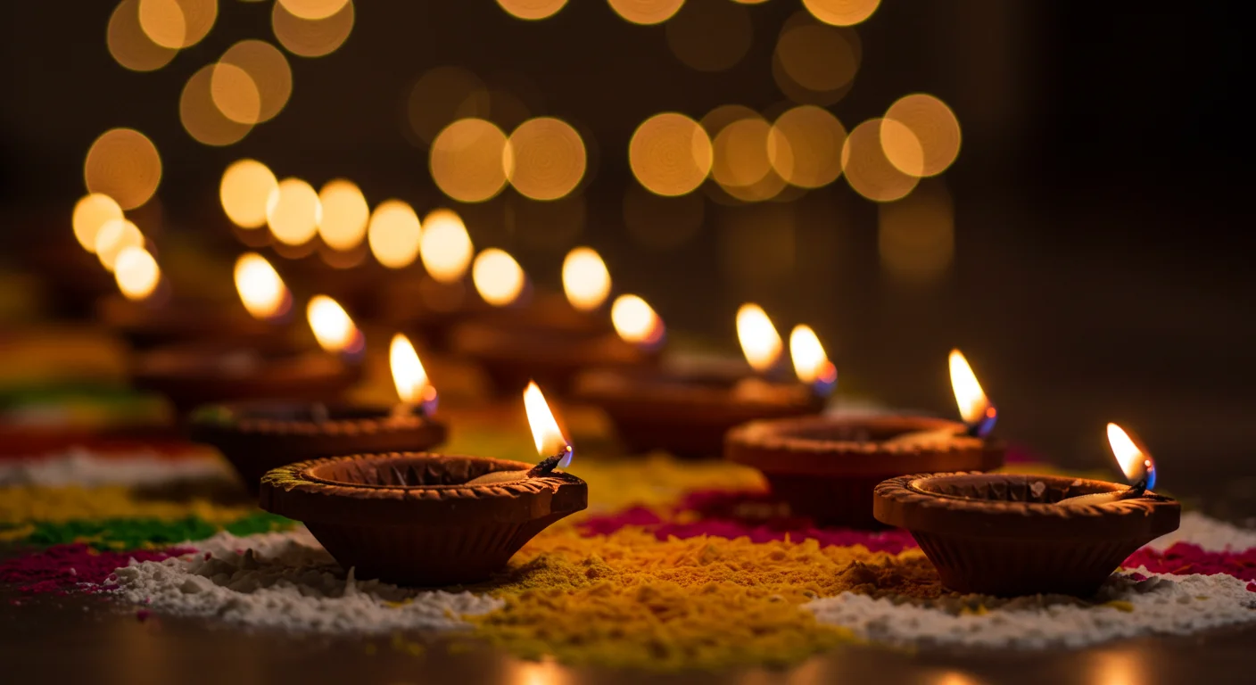 Diwali Clay Diyas on Rangoli with Bokeh Lights | AIClips Indian Festival Background