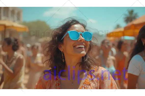 Smiling Woman with Blue Sunglasses at Summer Festival