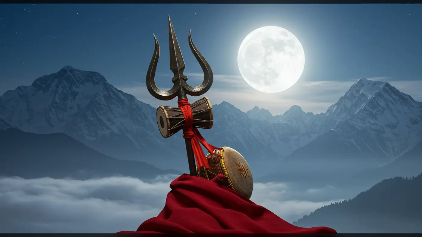 Trishul and Damru Against Full Moon over Himalayas | AIClips Shiv Symbolism Art