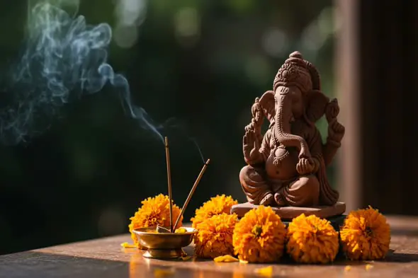 Lord Ganesha Idol with Incense and Marigold Flowers