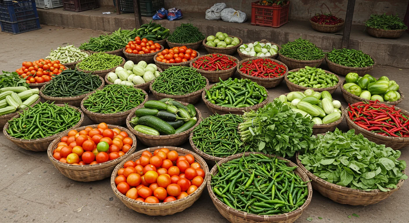 Fresh Indian Street Vegetable Market Basket Display | AIClips Bazaar Stock Photo