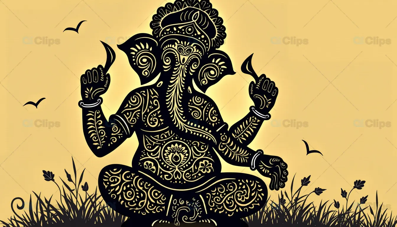 Ornate Lord Ganesha Art – Black Silhouette on Golden Background