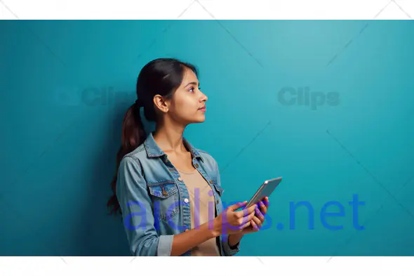 Young Woman with Phone Against Teal Background