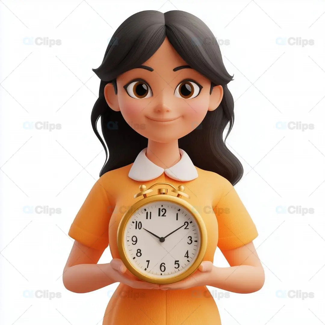 3D Girl Avatar Holding a Clock in Yellow Dress