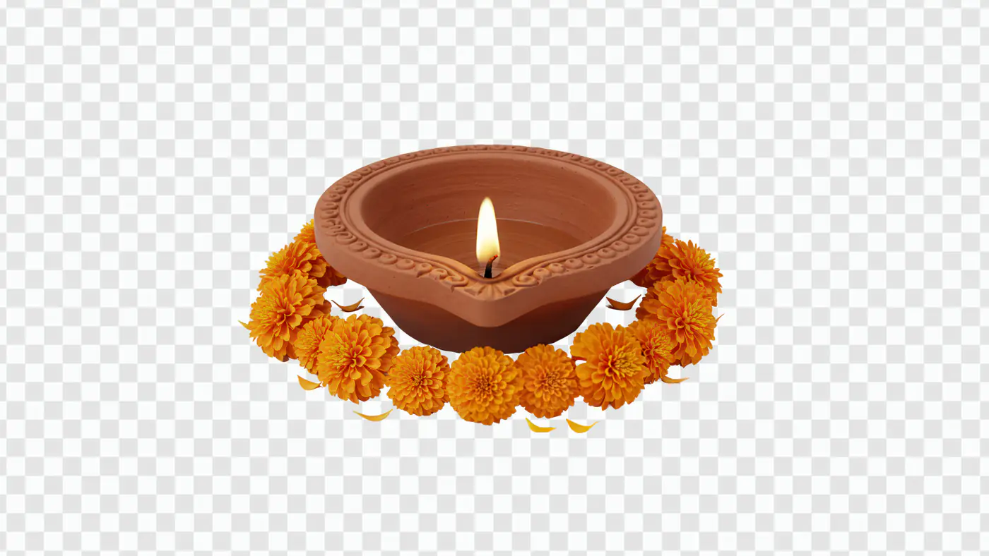 Traditional Diya Lamp with Marigold Garland PNG