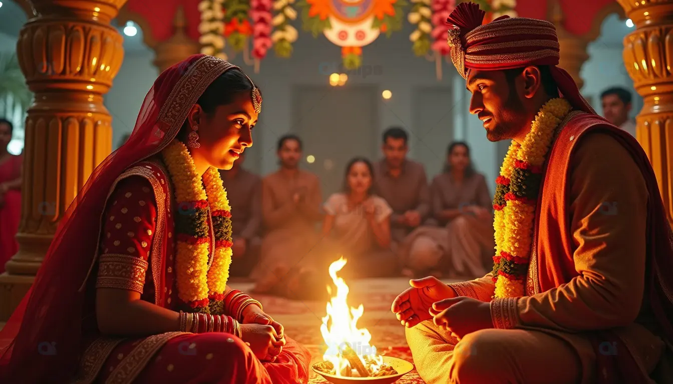 Indian Wedding Ritual with Bride and Groom in Traditional Attire
