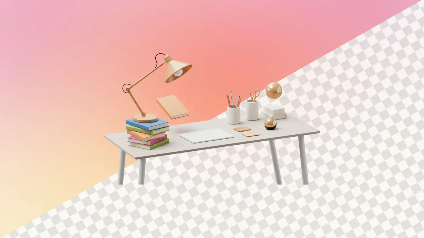 Modern workspace desk with books and desk lamp