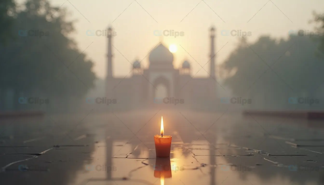 Single Candle Illuminating Path to Taj Mahal at Sunrise