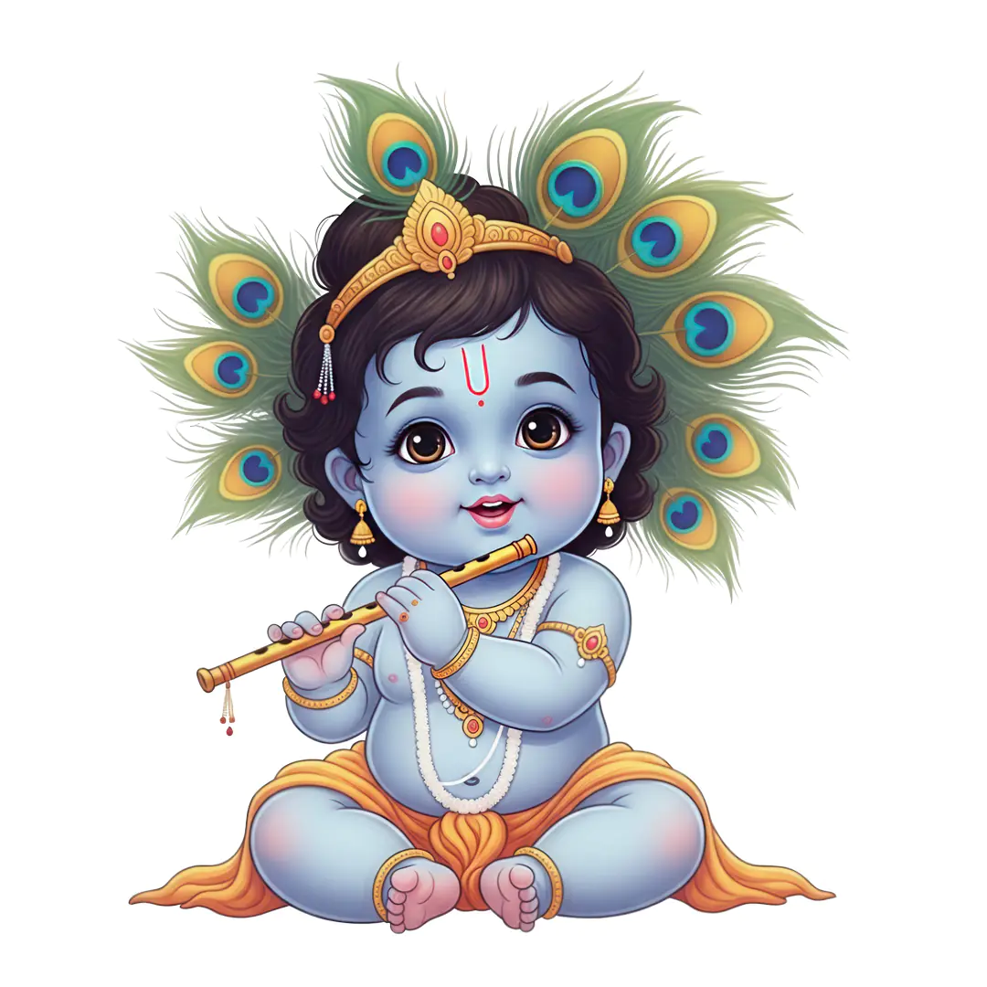 Baby Krishna Playing Flute with Peacock Feathers PNG