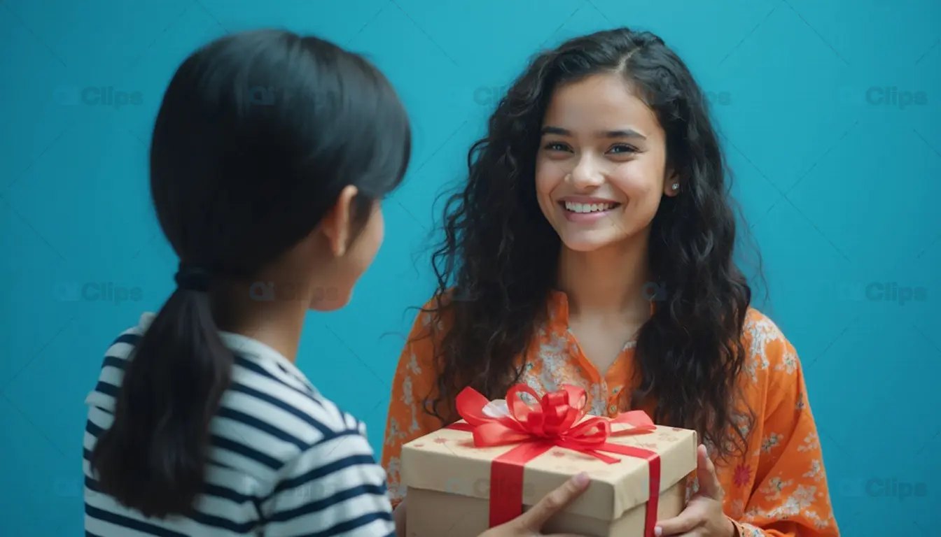 Girl Giving Gift to Friend with Smile