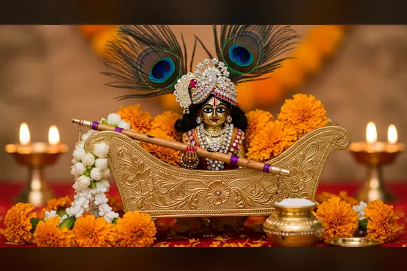 Shri Krishna Idol on Golden Jhula for Janmashtami Puja with Diyas & Flowers | AIClips Festival Image