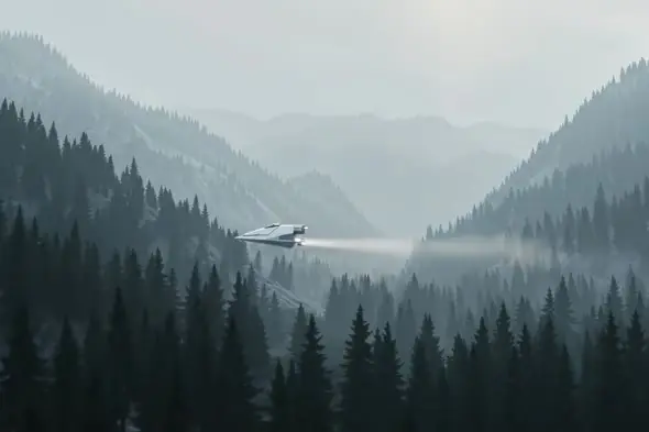 Futuristic Aircraft Over Misty Forest