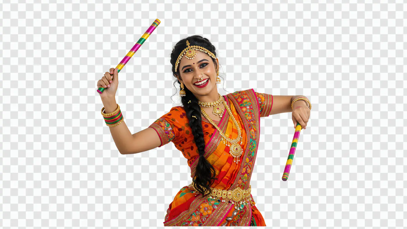 Joyful Indian Woman Dancer with Dandiya Sticks PNG