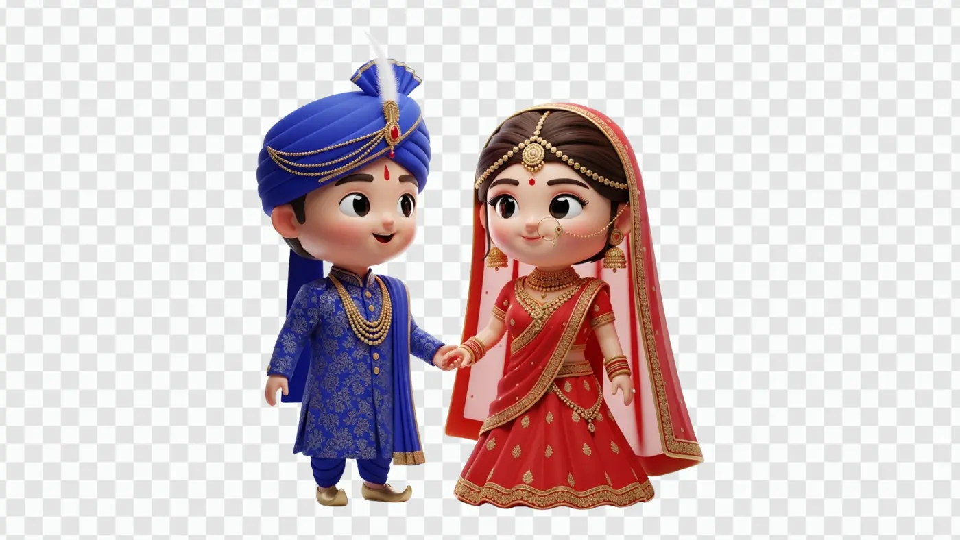 Adorable Indian Wedding Couple in Traditional Attire Clipart PNG