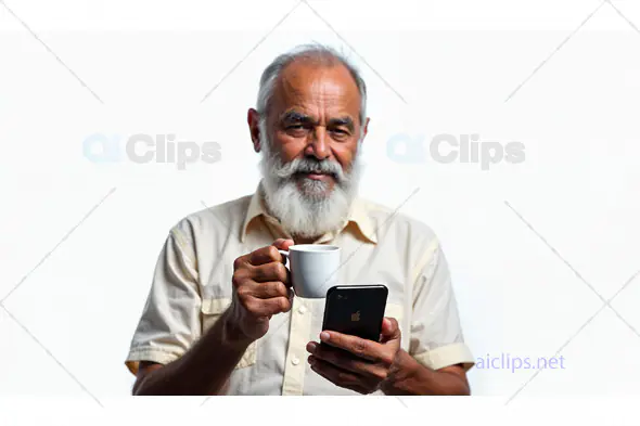 Elderly Man with Smartphone and Coffee Cup