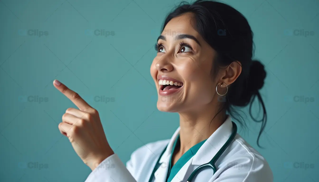 Smiling Female Doctor Pointing Upward