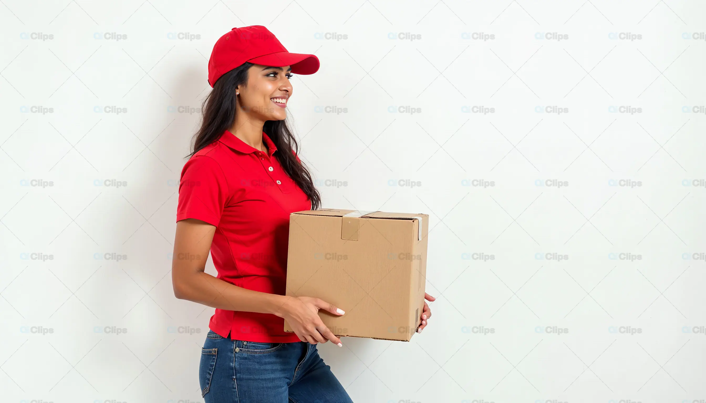 Smiling Female Courier with Delivery Box