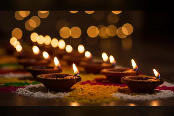 Diwali Clay Diyas on Rangoli with Bokeh Lights | AIClips Indian Festival Background