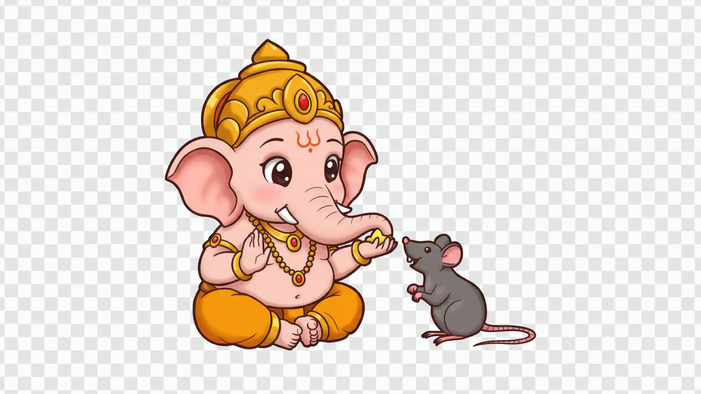 Cute Baby Ganesha Offering Laddu to Mouse PNG