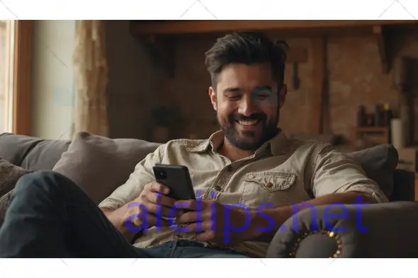 Relaxed Man Smiling with Smartphone