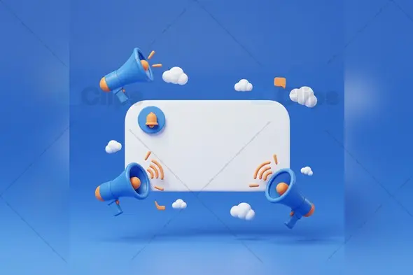 3D Notification Banner with Megaphones and Speech Bubbles