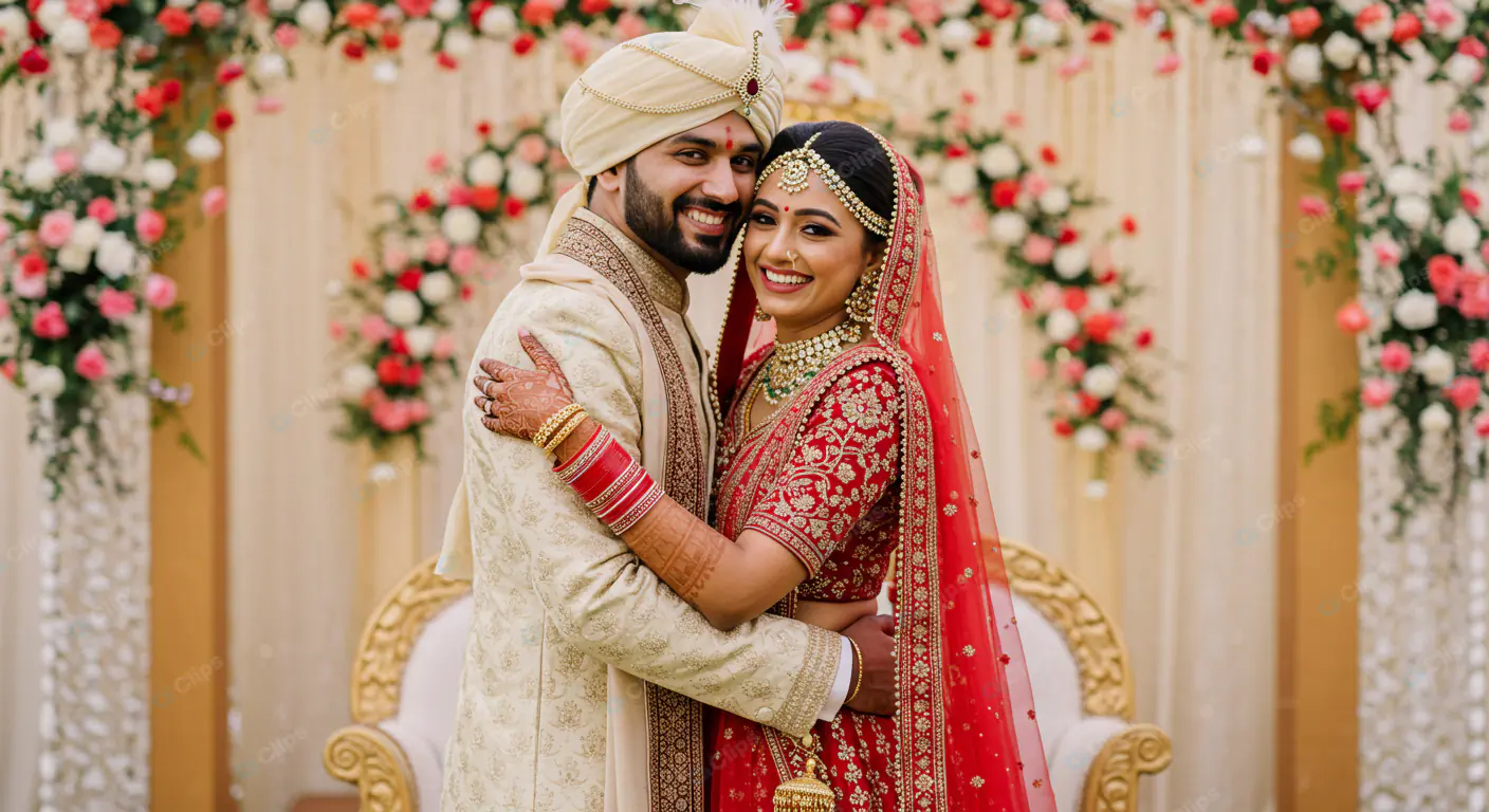 Newlyweds' Joyous Embrace at Floral Mandap
