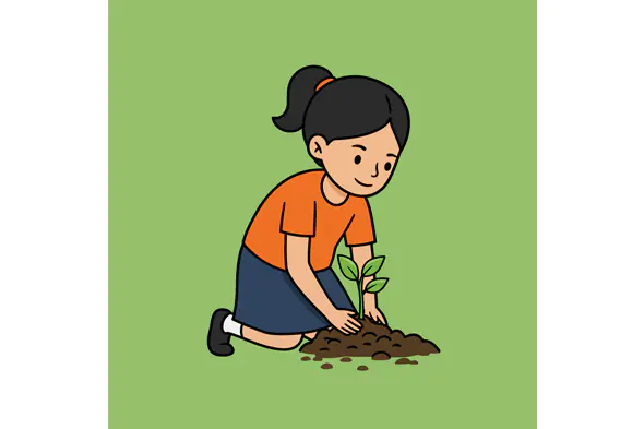 Young Girl Planting Seedling Vector