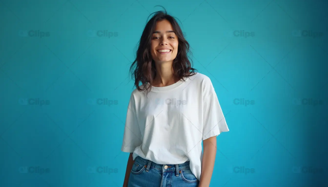 Smiling Woman in Casual White T-Shirt