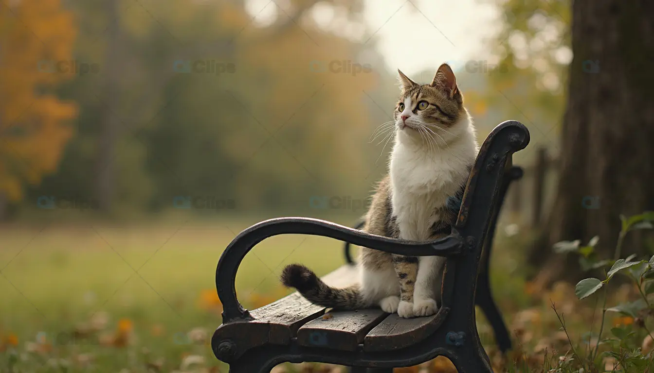 Cat Sitting on Park Bench in Autumn